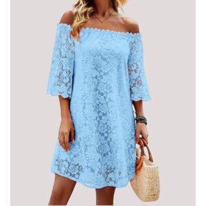 Womens Light Blue Lace Off-Shoulder Dress With 3/4 Sleeves By Ours Size M